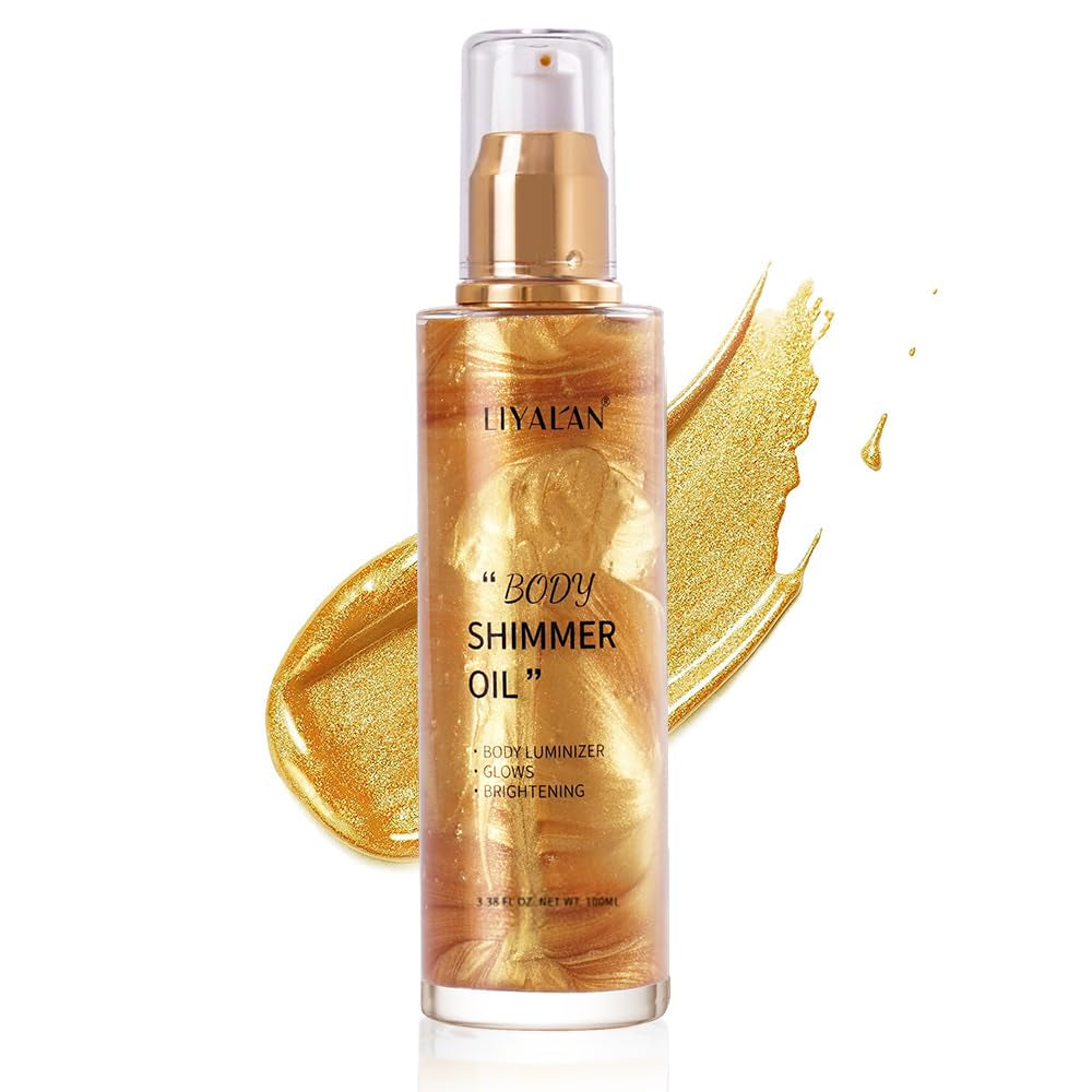 Shimmer Body Oil Gold 5 Color Bronze Face Brighten Glow Pearl Highlighter Illuminator Body Makeup Shine Glitter Gold Liquid Tanning (3.38 Fl Oz)