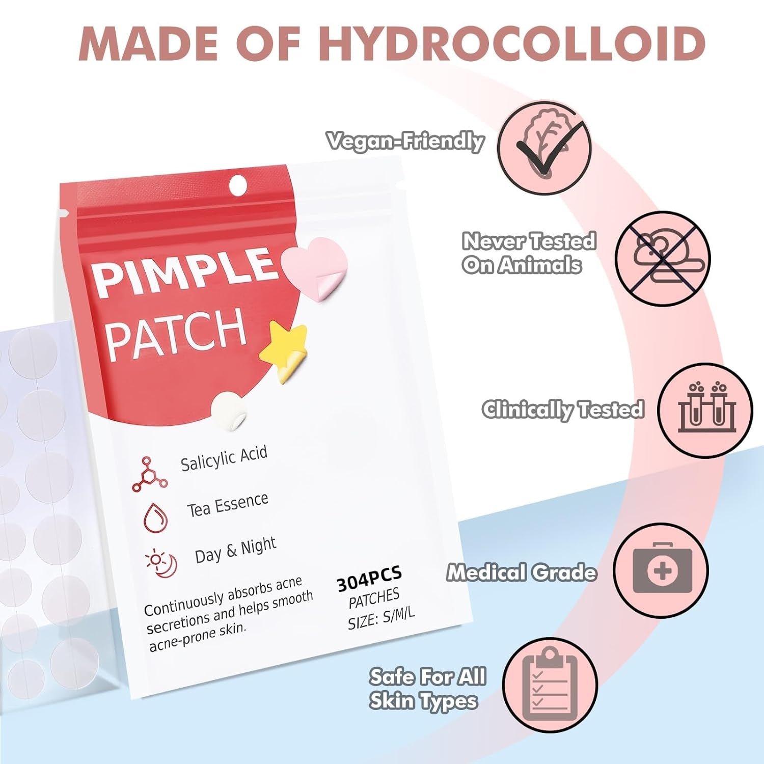 Pimple Patches for Face 304Pcs,Hydrocolloid Acne Patches Star,Zit Patches,Pimple Popper Tool Kit,Facial Skin Care Products Containing Salicylic Acid,Tea Tree Oil and Calendula Oil(304)