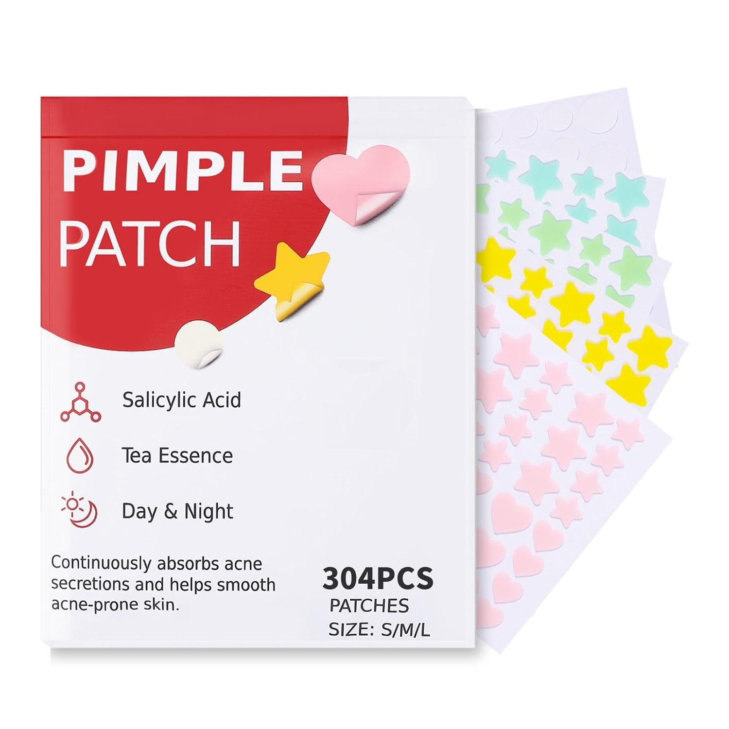 Pimple Patches for Face 304Pcs,Hydrocolloid Acne Patches Star,Zit Patches,Pimple Popper Tool Kit,Facial Skin Care Products Containing Salicylic Acid,Tea Tree Oil and Calendula Oil(304)